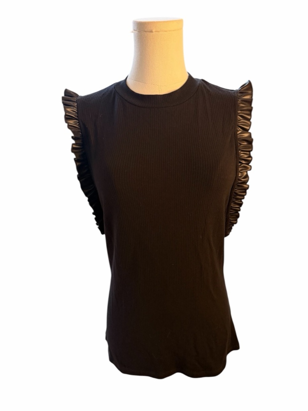 Sunday in Brooklyn Black Ribbed Sleeveless Ruffle Trim Top Anthropologie